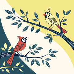 Two cardinals perched on a branch with stylized leaves and abstract background