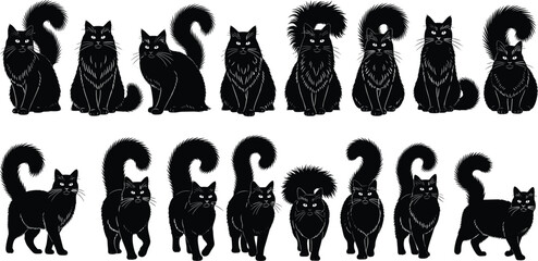 Black cat silhouettes, fluffy tails, walking poses, sitting cats, stylized vector, cartoon feline, animal clipart, pet illustration, tail variations