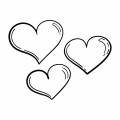 Three hand drawn hearts in black outline on a white background