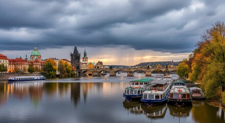 Obraz premium Pragues Vltava River shows Charles Bridge boats buildings and autumn foliage under cloudy skies