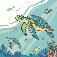 Two sea turtles swim in the ocean with small fish and coral