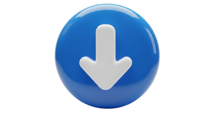 Blue download button with white arrow isolated on a transparent background