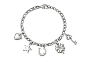 Silver charm bracelet with lucky symbols and transparent background