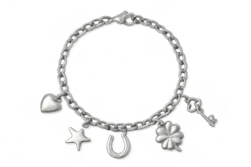 Silver charm bracelet with lucky symbols and transparent background
