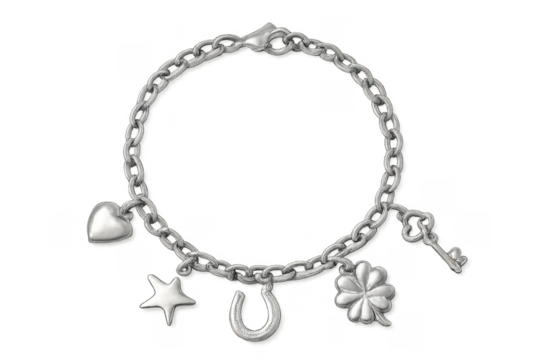 Silver charm bracelet with lucky symbols and transparent background - Powered by Adobe