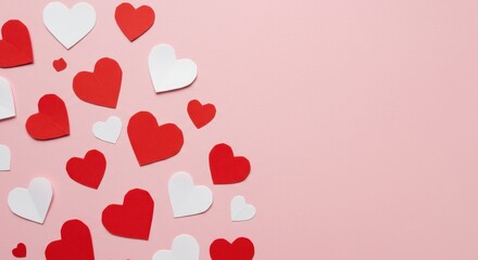 Paper hearts arranged in a scattered pattern on a pink background