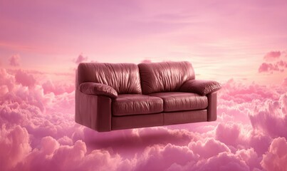 Couch is floating in the sky with pink clouds