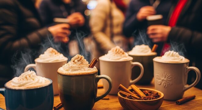 Steaming mugs of cocoa topped with whipped cream  cinnamon sticks sit on a wooden surface amid blurred figures suggesting a festive market scene