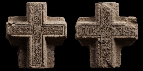 Two stone crosses intricately carved with ancient scripts and decorative patterns are presented against a black background