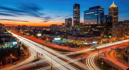 Obraz premium Vibrant City Skyline at Dusk with Streaking Traffic Light Trails and Modern Urban Architecture