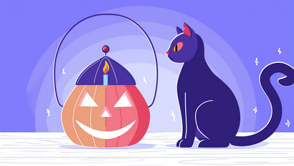 A black cat sitting next to a lit pumpkin lantern on a wooden table, glowing candlelight casting warm highlights on cat’s fur, shallow depth of field, mysterious atmosphere, close-up focus, orange and