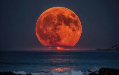 Large red moon is in the sky above the ocean
