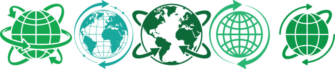 Vector illustration of green globe icons with arrows symbolizing global connection, recycling, sustainability, and environmental protection concept for eco world, communication, and international netw