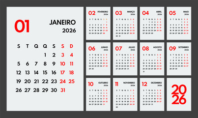2026 year monthly office planner, calendar starts monday, two red weekends, white background, portuguese months name