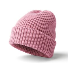 Pink knitted beanie hat on white background