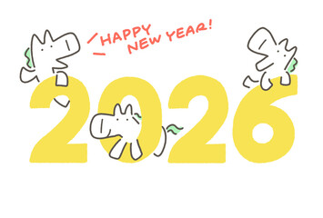 2026のロゴと3匹の馬キャラクターのかわいい年賀状イラスト　正月素材　Happy new year