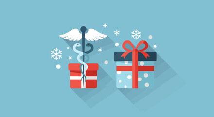 A sophisticated flat design illustration combining the medical caduceus with a festive gift box, symbolizing health as the ultimate holiday present. 