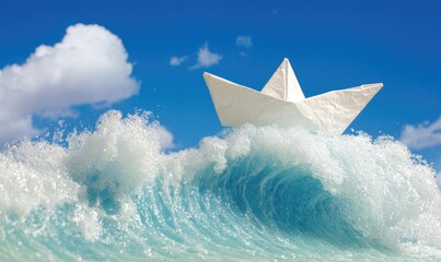 White paper boat is floating on top of a wave in the ocean