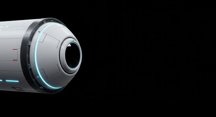 Futuristic cylindrical spacecraft component with an illuminated blue ring and accent lights on a stark black background presents a sense of advanced technology, space travel, and futuristic design...