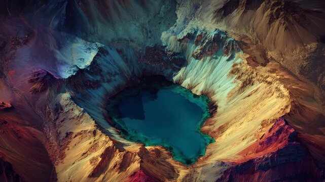Volcanic crater lake with colorful rugged mountain terrain featuring deep shadows vibrant natural hues and dramatic lighting aerial landscape view