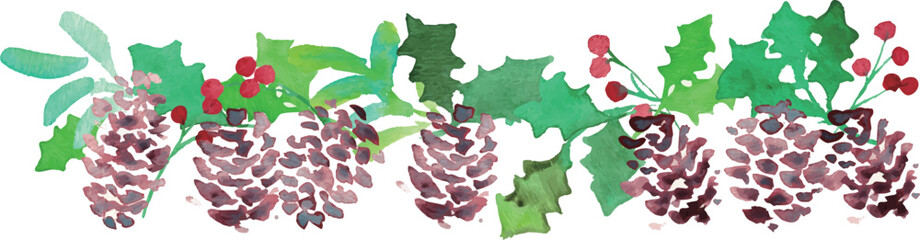 水彩画。水彩タッチのヒイラギクリスマスフレーム。クリスマスのベクターフレーム。松ぼっくりとヒイラギ。Watercolor painting. Watercolor holly Christmas frame. Christmas vector frame. Pine cones and holly.