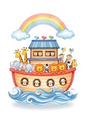 Obraz premium Noahs Ark Animals on Boat Illustration.