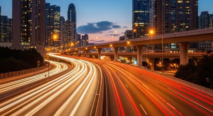 Fototapeta premium Modern City Expressway at Night with Streaking Car Light Trails and Illuminated Skyscrapers