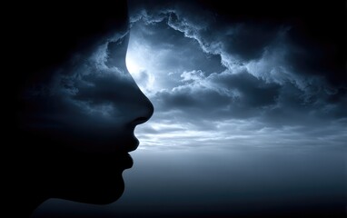 Woman's face is shown in a silhouette against a cloudy sky