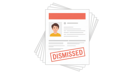 Stack of documents with a profile picture and a red rubber stamp indicating the word dismissed