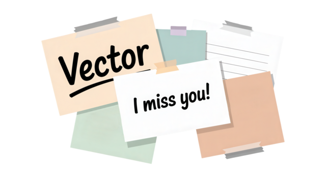 A cluster of sticky notes with the words vector and i miss you written on them attached with tape