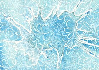 Watercolor winter background, hand-drawn, blue ice texture with patterns. A blue ice floe with frosty patterns and a crack, a creative background for the design.
