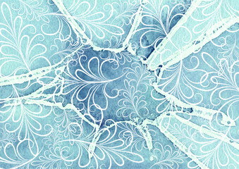 A blue ice floe with frosty patterns and a crack, a creative background for the design. Watercolor winter background, hand-drawn, blue ice texture