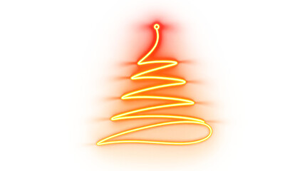 Abstract glowing orange neon light christmas tree shape illuminated against a dark black background with soft light trails