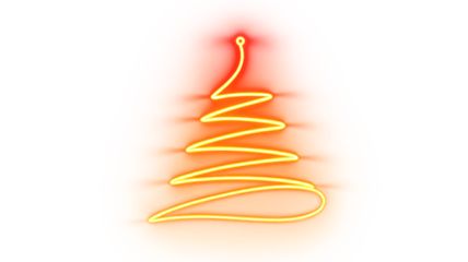 Abstract glowing orange neon light christmas tree shape illuminated against a dark black background with soft light trails