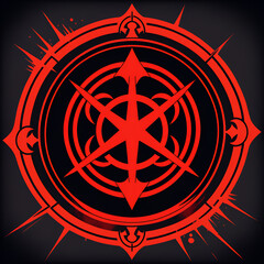 Naklejka premium Intricate red occult symbol with sharp points and circular patterns against a dark background, evoking mystery and power.