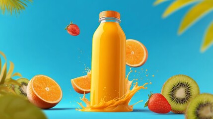 Juice bottle mockup with fresh fruit splash in bright scene