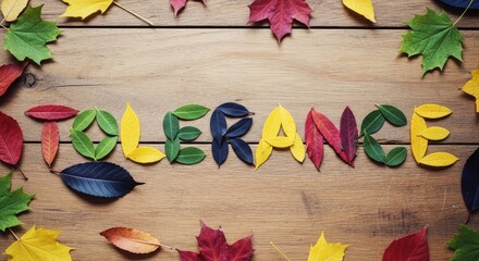 Multicolored leaves spell Tolerance on a light wooden surface with colorful foliage arranged around the central word