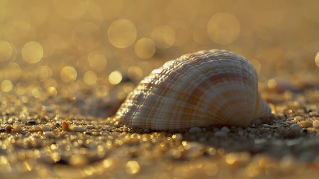 A close-up shot of a delicate, intricately textured seashell resting on a sandy beach, bathed in the warm glow of sunlight, creating a serene coastal scene