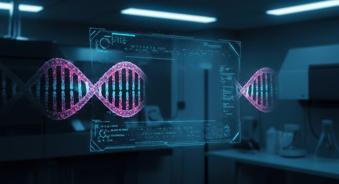 Futuristic digital display showcasing a detailed representation of a DNA double helix, displayed in a scientific laboratory environment, with soft lighting and a modern interface, illustrating...