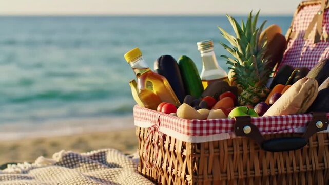 Beach Picnic Basket Filled with Summer Food and Drinks, Wicker Hamper,  Ocean View, Refreshments, Holiday Relaxation