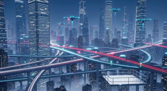 Futuristic Smart Cityscape with Dynamic Elevated Highways and Flying Drones at Dusk