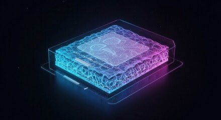 Futuristic digital illustration showcasing a glowing, layered, 3D structure with vibrant neon blue and magenta colors.