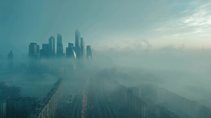 City skyline skyscraper smog fog urban traffic highway pollution mist morning metropolitan buildings architecture environment haze transportation - Powered by Adobe
