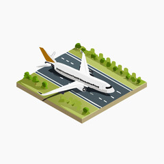 Isometric view of an airplane landing on the runway at the airport in flat design, travel and transport concept