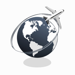 Fototapeta premium Vector logo illustration of a modern passenger jet with motion lines flying around the globe, representing global aviation and travel