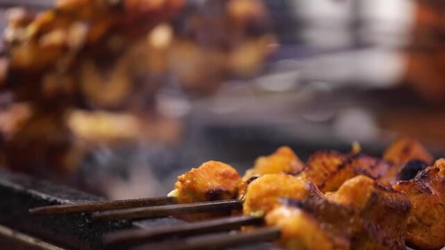 Closeup shot of cooking chicken tikka. Delicious Smoked chicken.