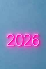 Neon pink glowing numbers 2026 on blue background, bright futuristic design for new year celebration or countdown event