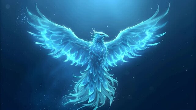 Luminous blue phoenix with outstretched wings in a starry night sky bird mythical