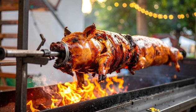 Roasted pig on a spit over open fire