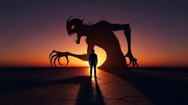 Man faces giant monster shadow at sunset on beach.